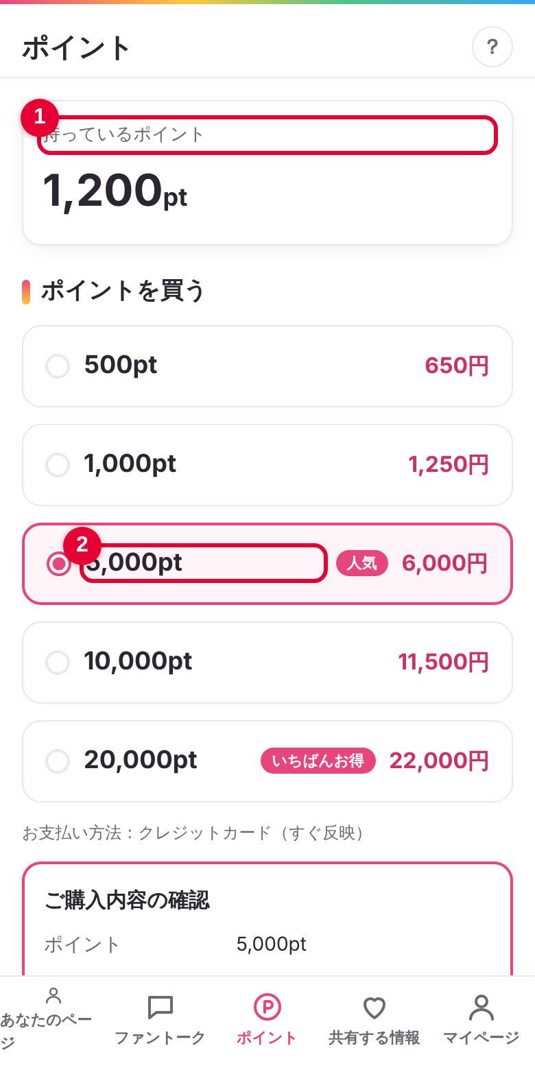 ポイントの画面を開くの画面